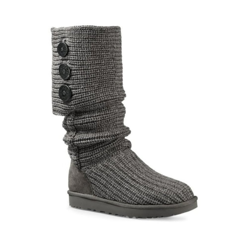 UGG Women's sz 7 Grey Lattice Cardy Wool Blend Sweater Knit High Fur Lined Boots